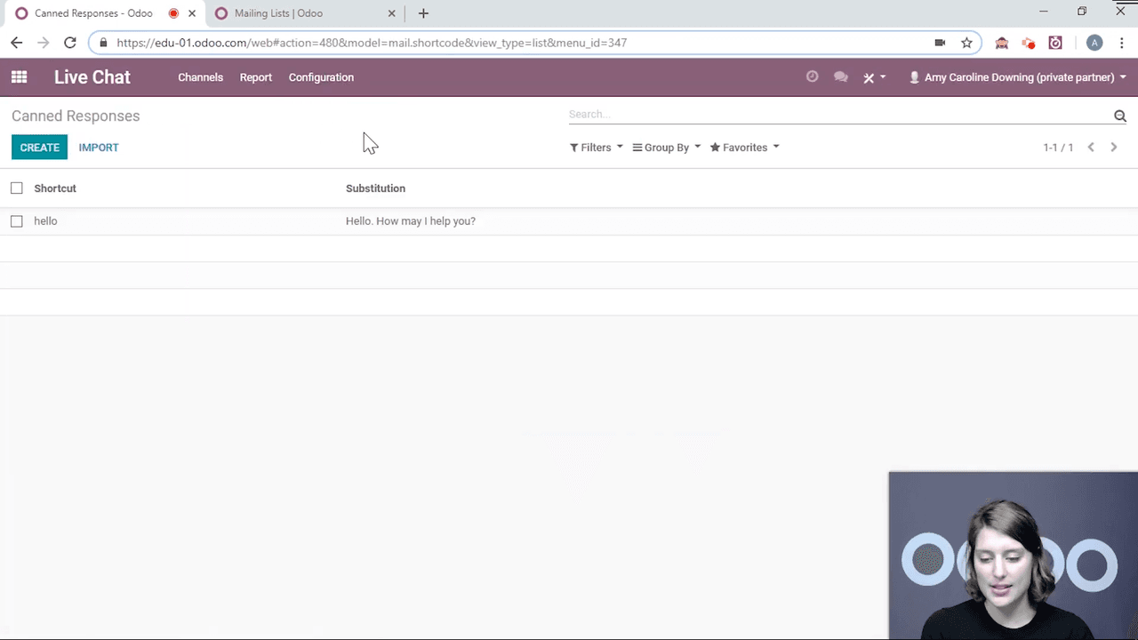 Canned responses configuration page showing default Hello shortcut
