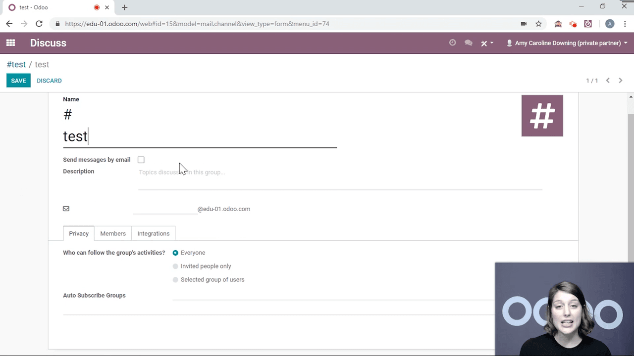 Channel configuration showing email, alias, and privacy settings