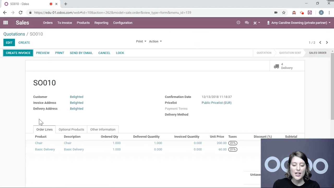 Chatter panel on a sales order showing log note and schedule activity options