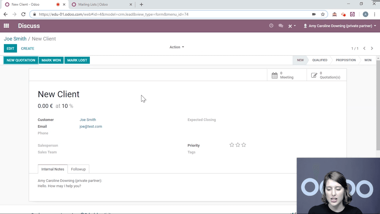 CRM lead page opened from the chat link showing editable fields