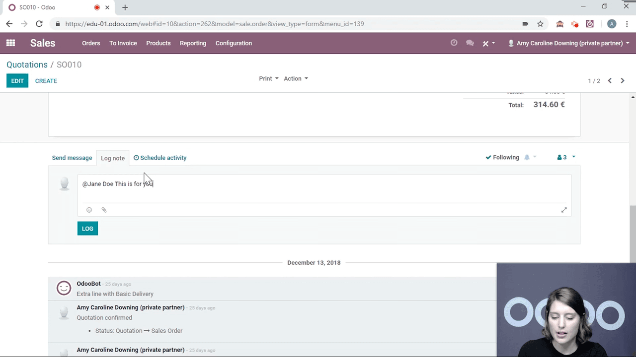 Logging a note with @mention tagging a colleague