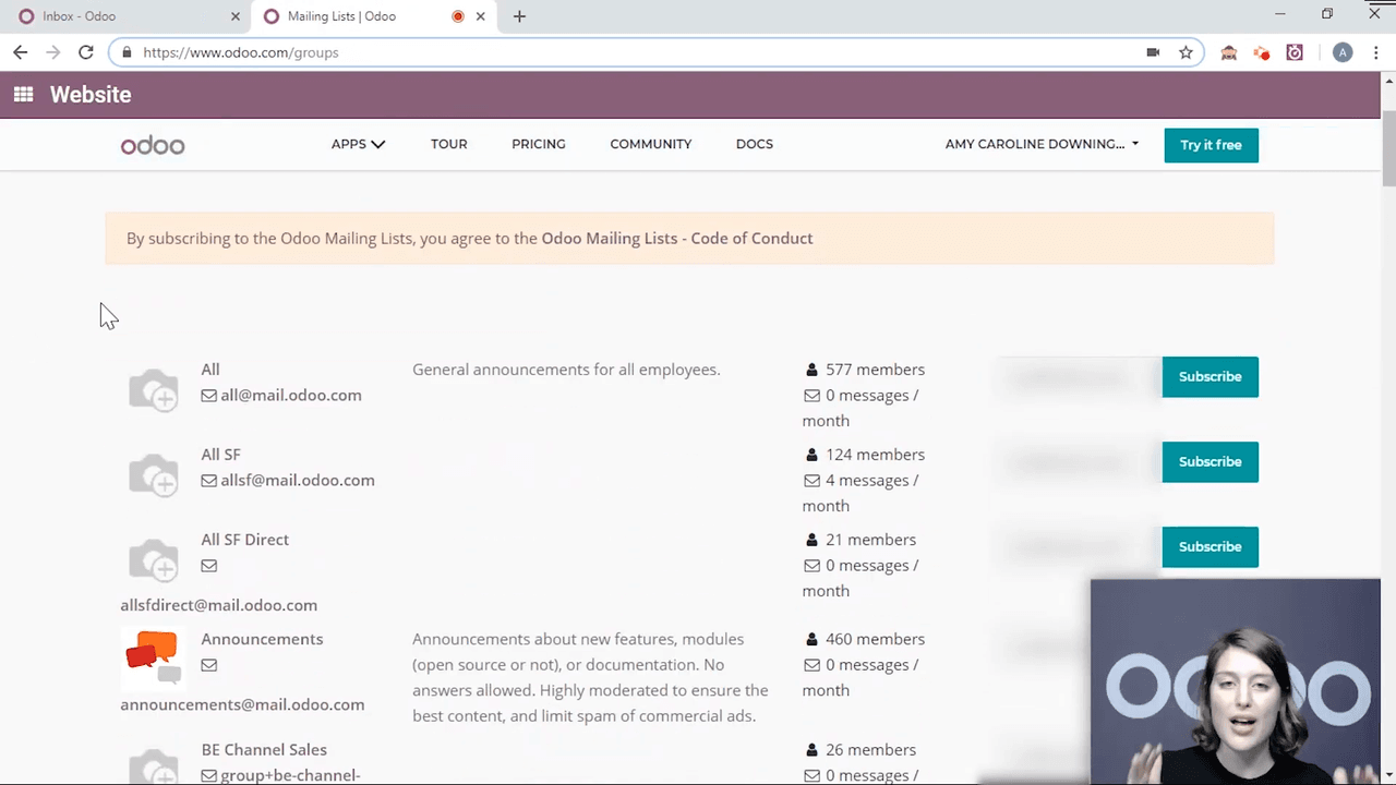 Website page showing channel subscribe and unsubscribe buttons for portal users