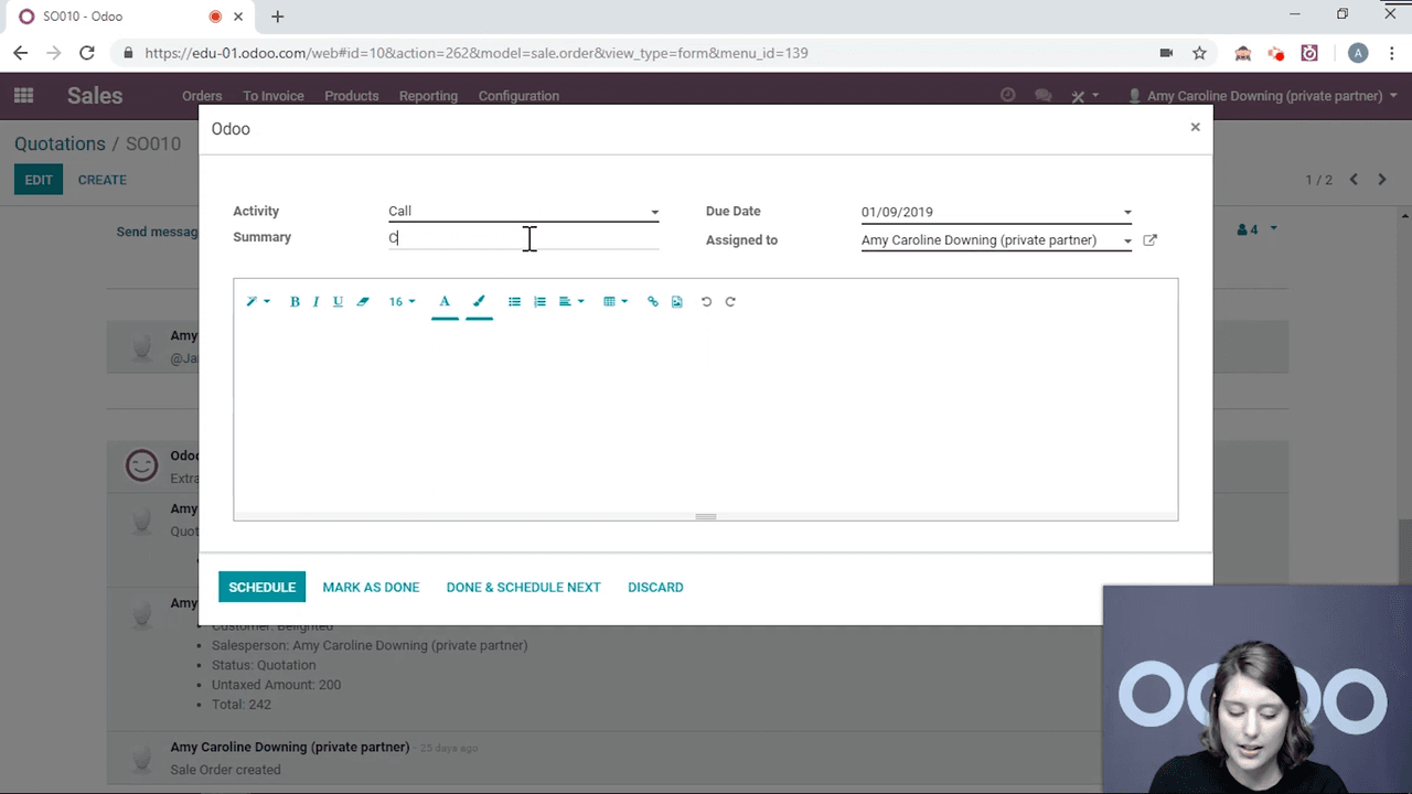 Schedule activity dialog with type, summary, assignee, and due date fields