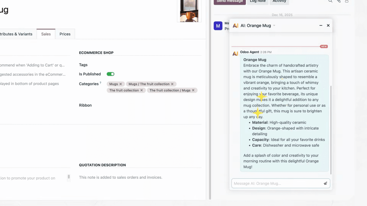 AI generating a product description for the orange mug