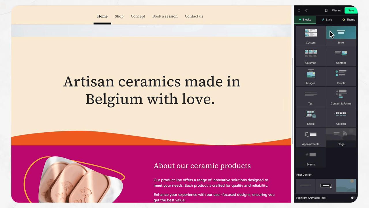 Drag-and-drop building blocks in the website editor