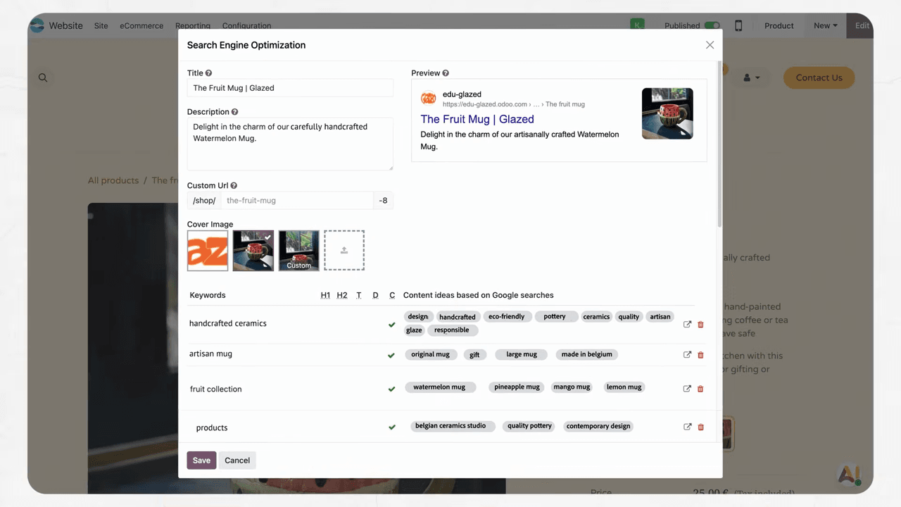 SEO optimizer showing optimized titles and descriptions