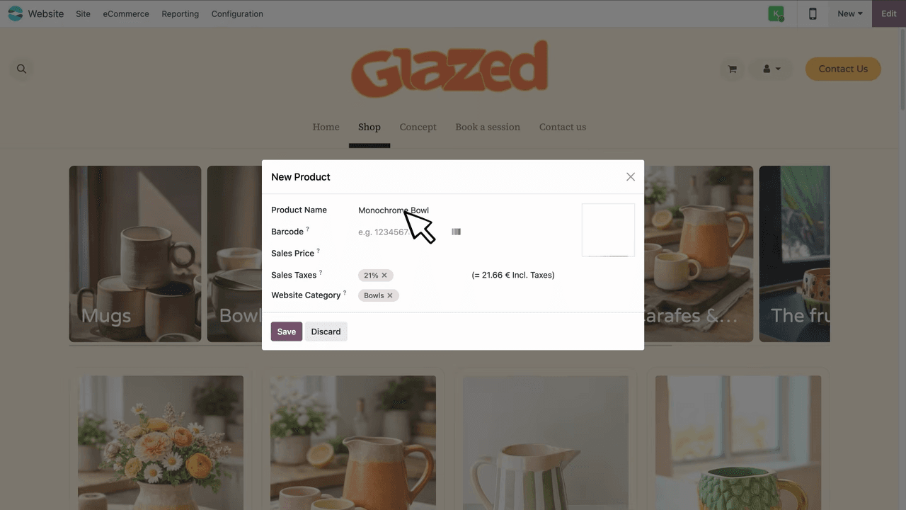 Odoo eCommerce storefront overview showing Clara's ceramics shop