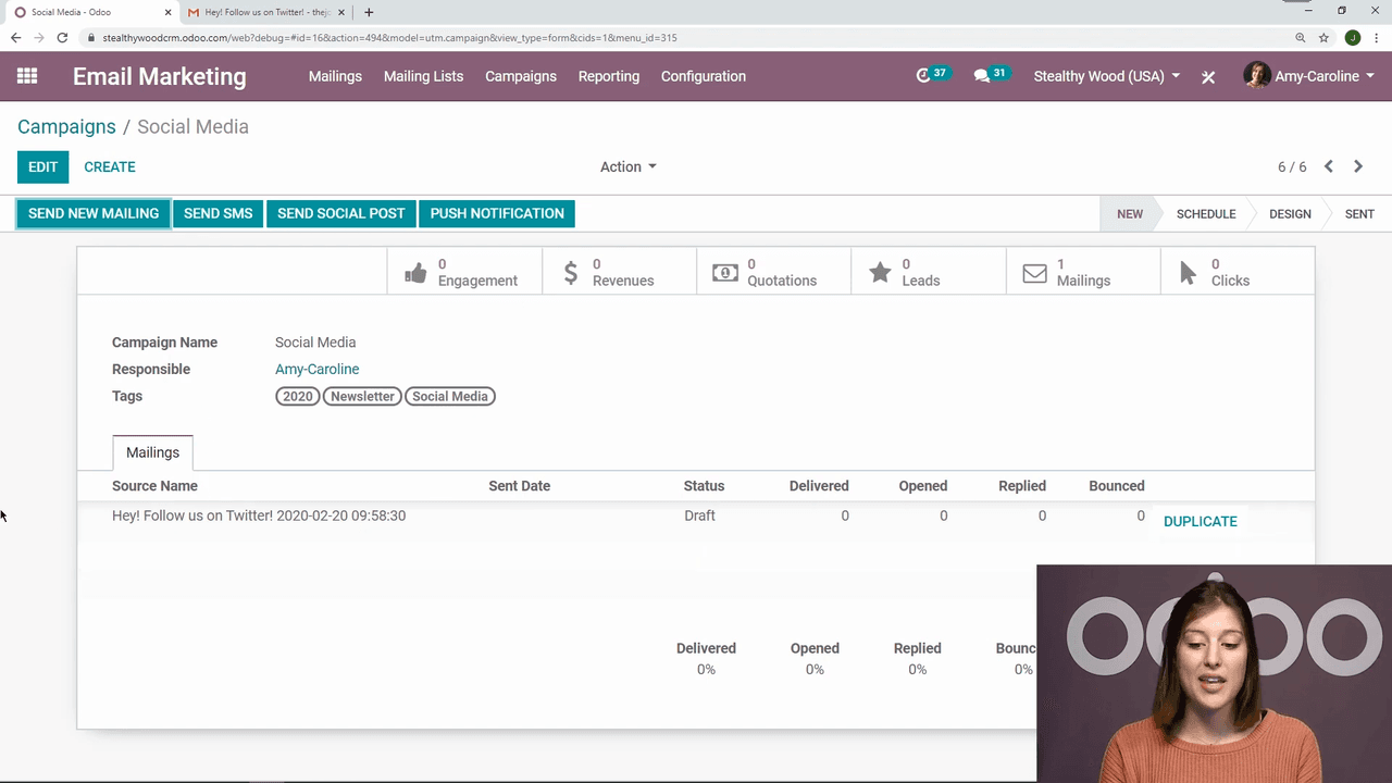 Campaign overview with email list and aggregated metrics
