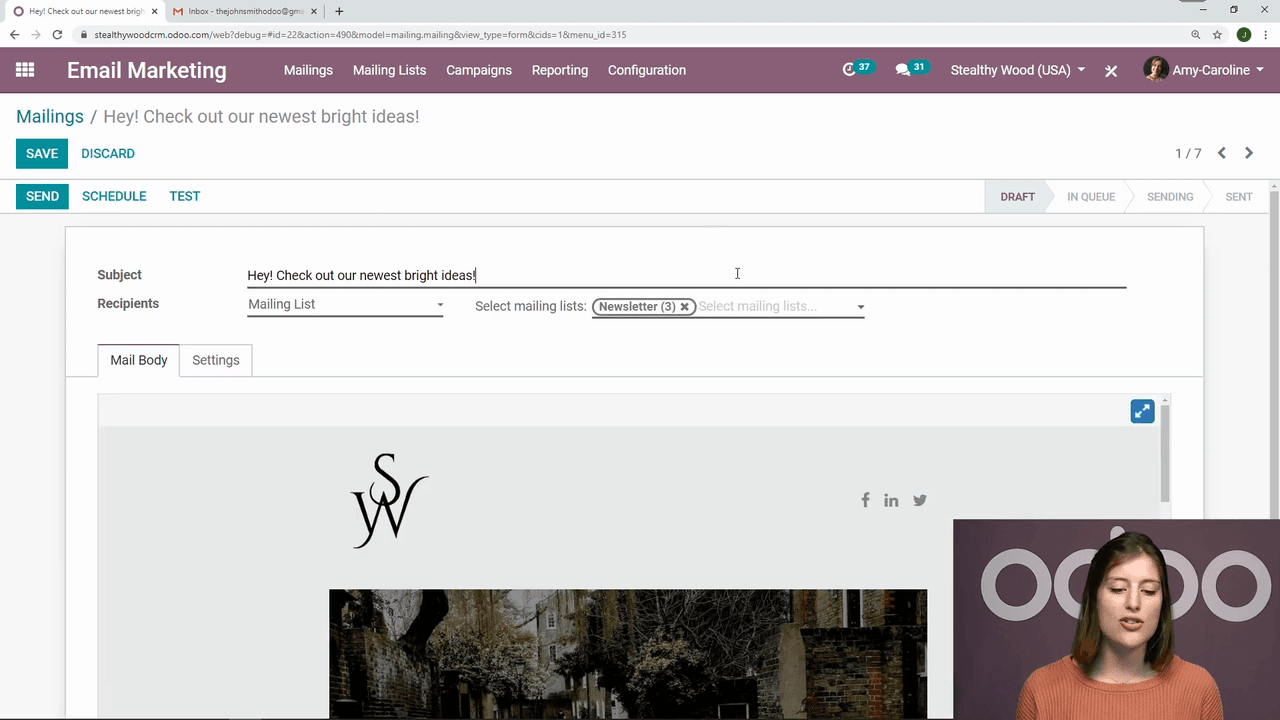 Draft email with subject line, recipients, and template selected