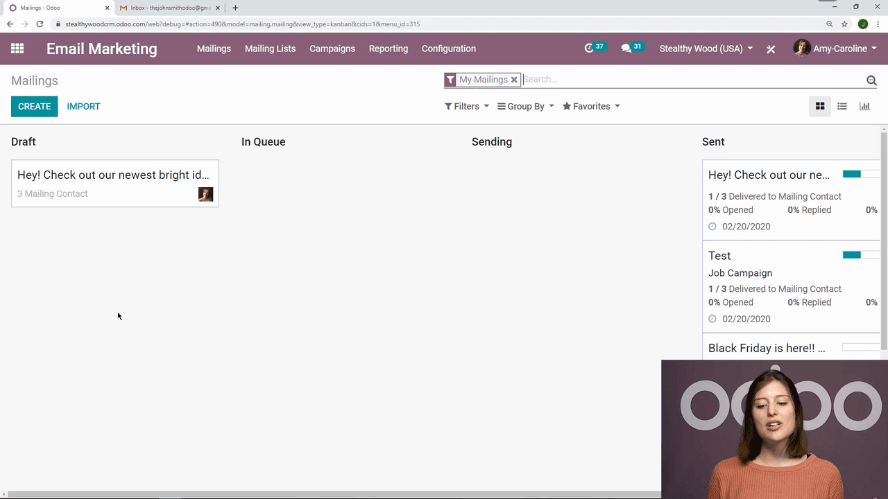 Email Marketing app overview showing drafts, queued, and sent emails