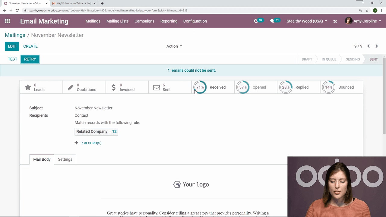 Individual email metrics showing delivered, opened, replied, and bounced