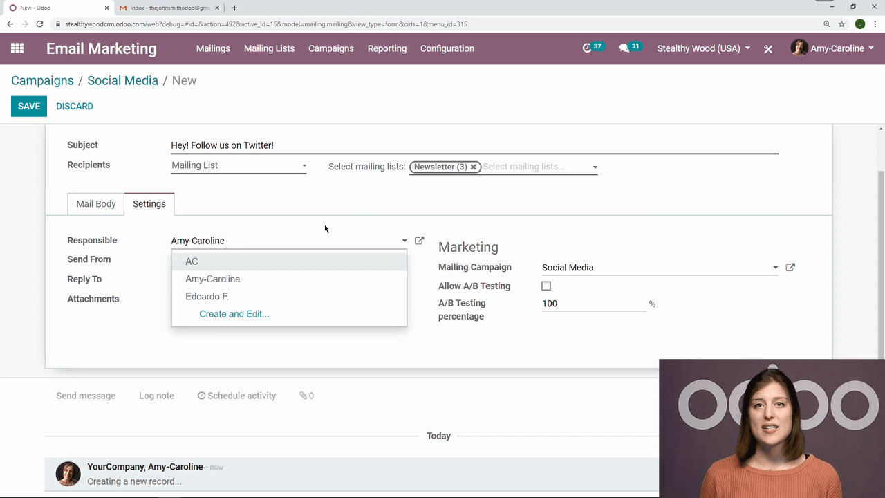 Settings tab showing responsible person, sender, and reply-to fields