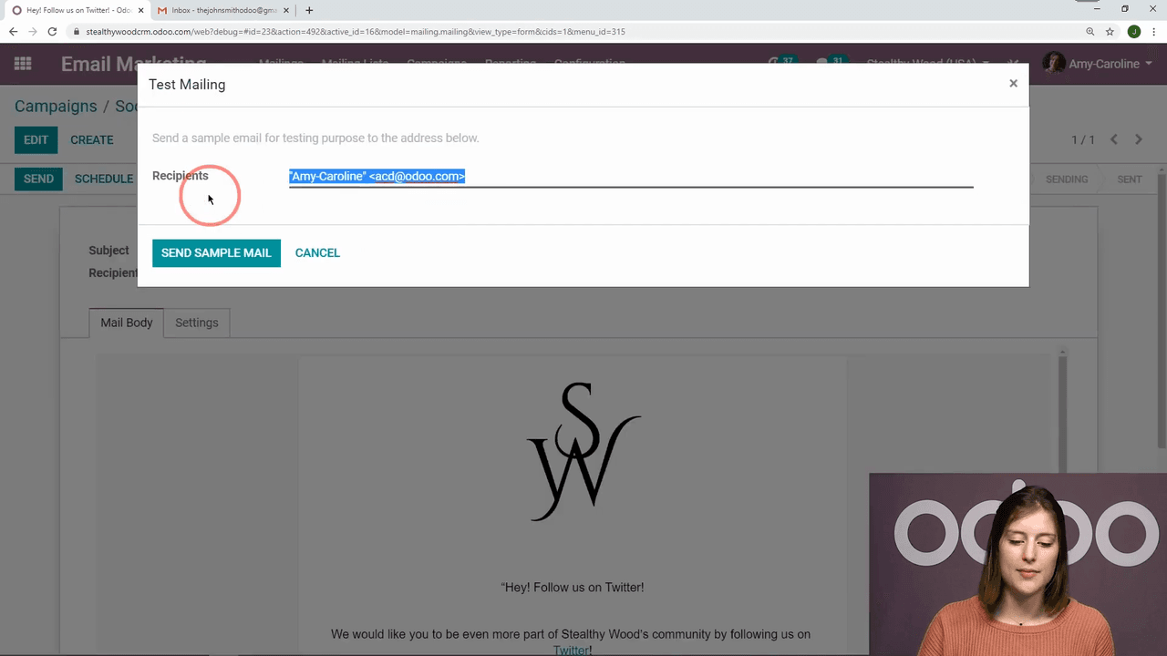 Test button and recipient input for sending sample email