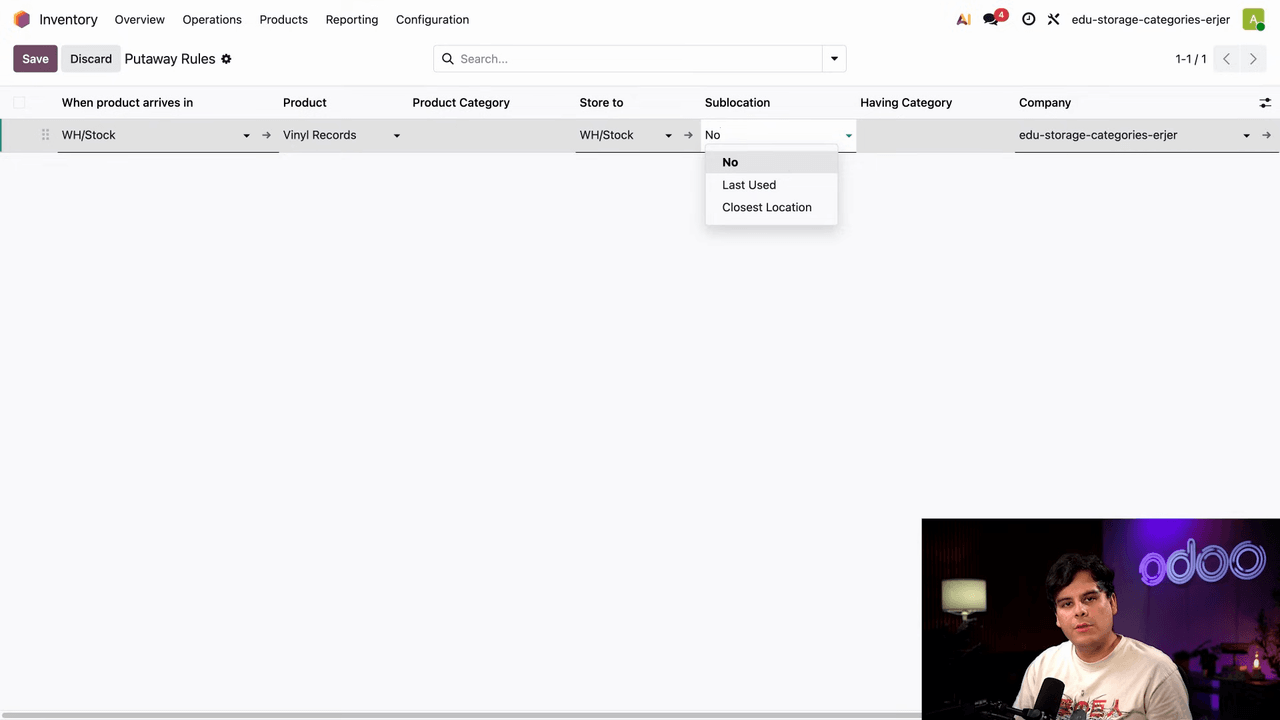 Sublocation dropdown showing No, Closest Location, and Last Used options