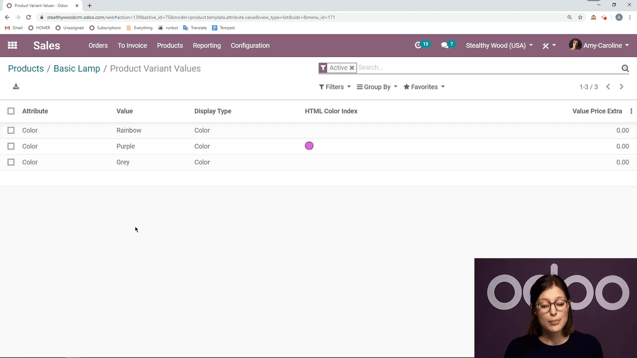 Configure variants view showing attribute values with extra pricing options