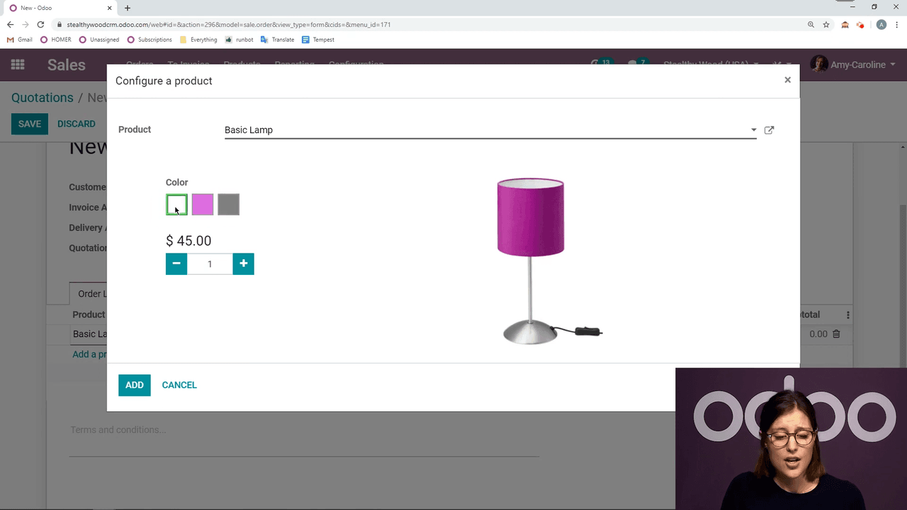 Product configurator popup showing color options with real-time pricing