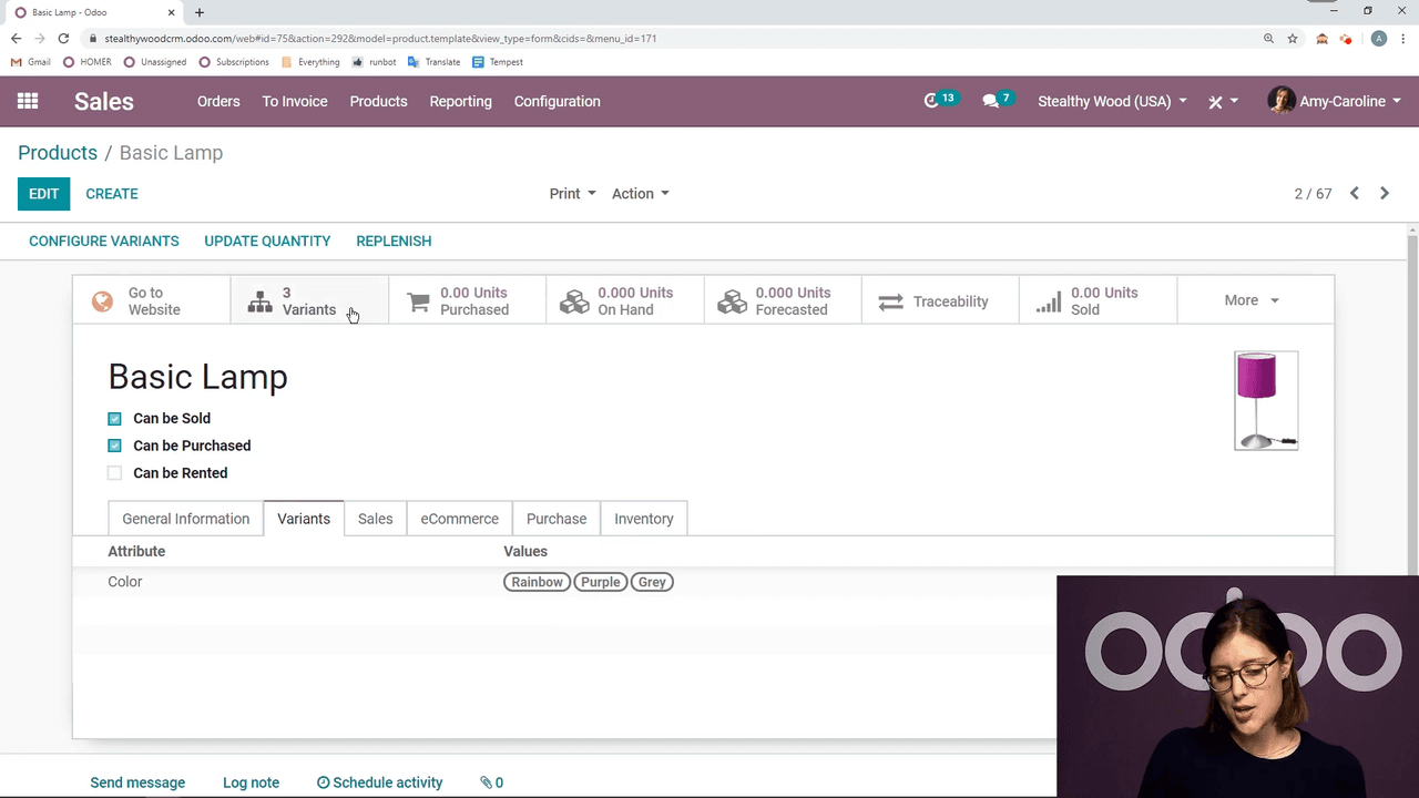 Generated variants displayed on the product form