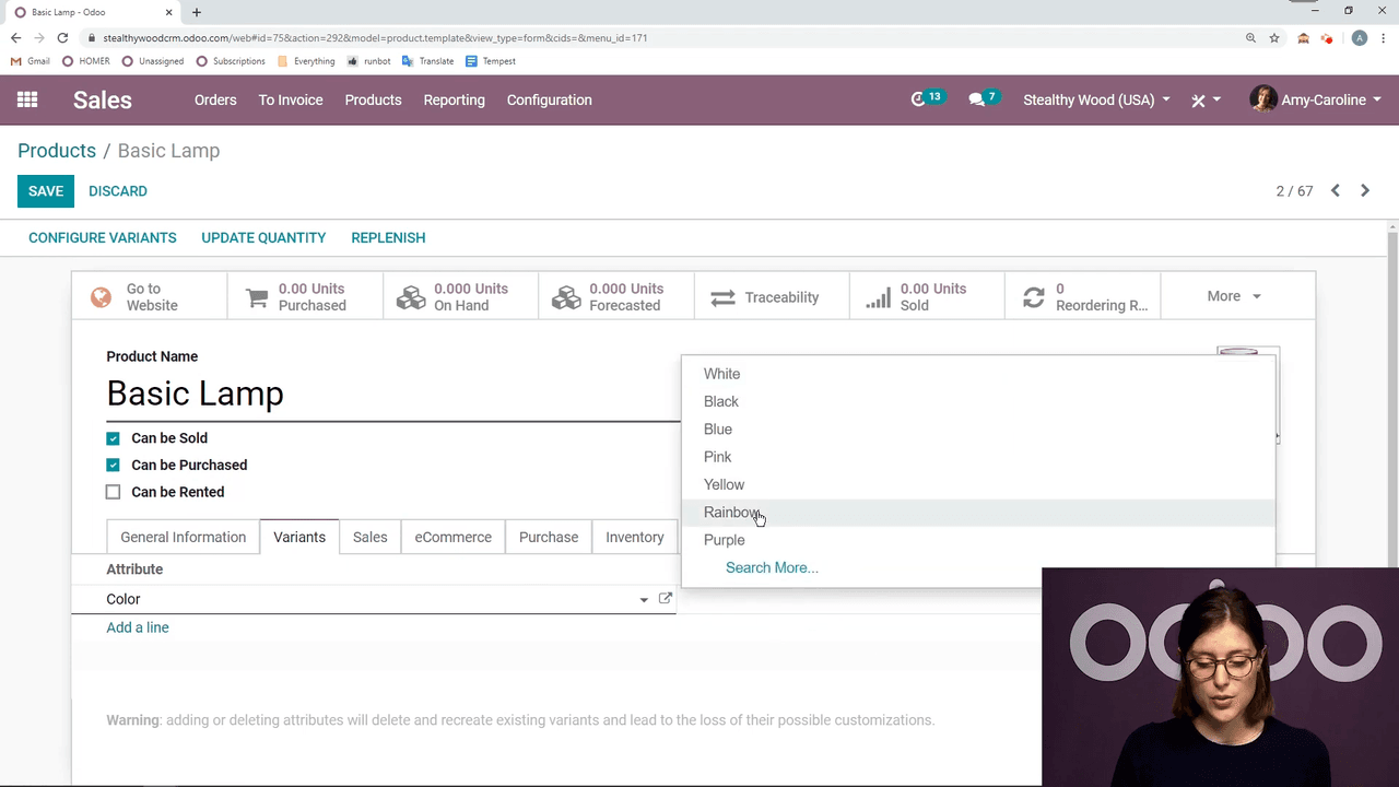 Product form variants tab with color attribute being added