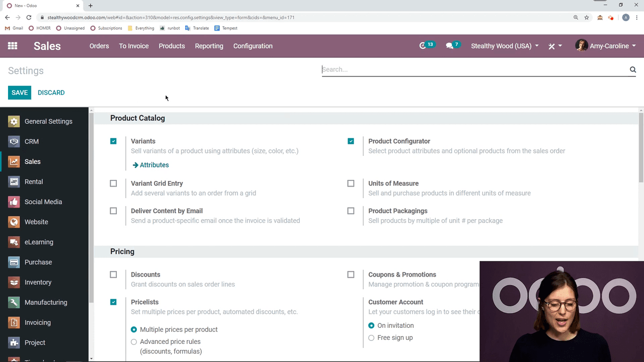 Sales settings page with Variants option highlighted