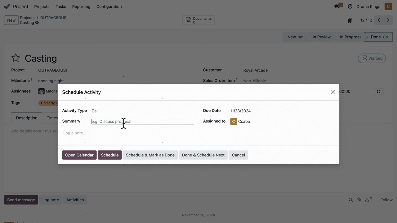 Scheduling an activity with assignee and deadline