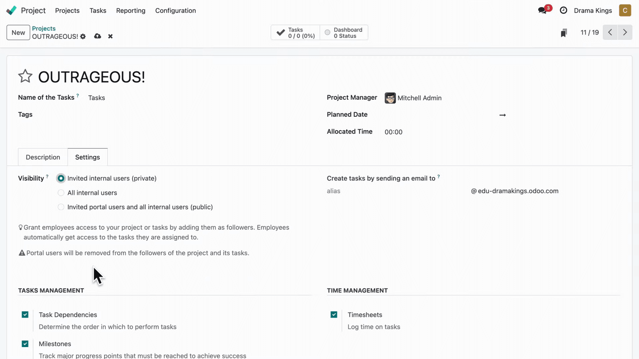 Creating a new project with project manager and timeline settings