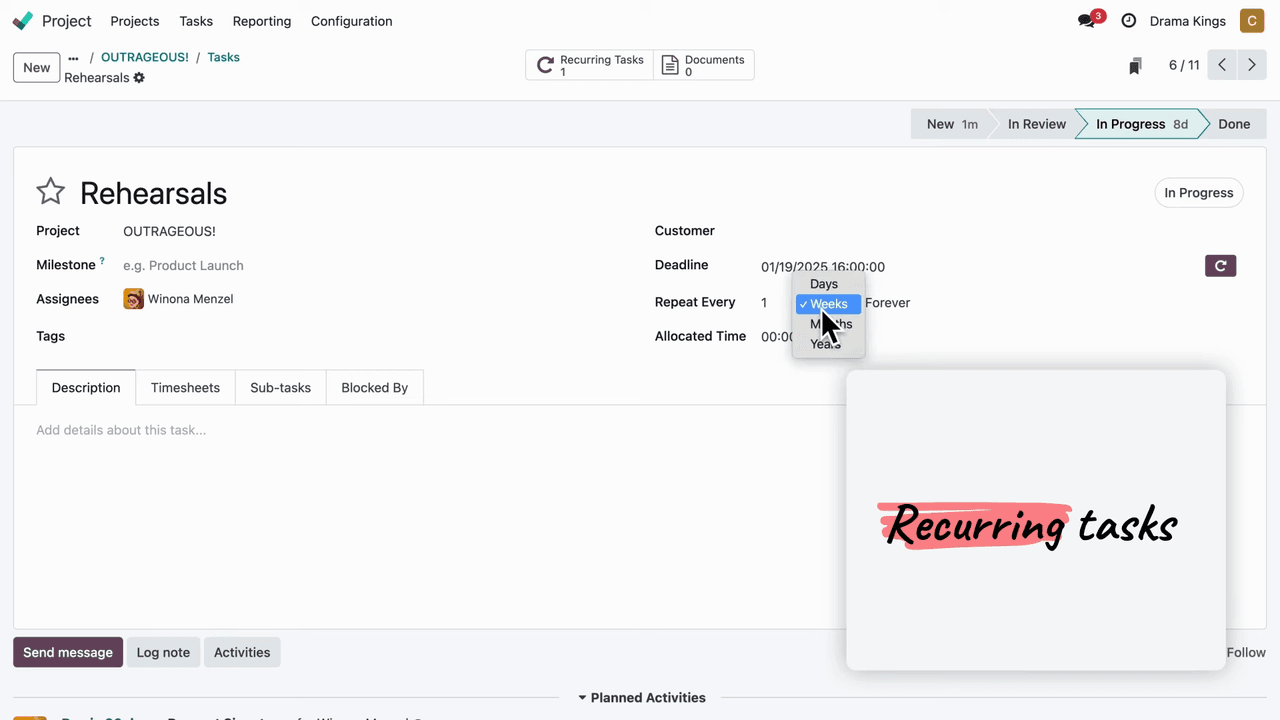 Recurring task configuration with frequency settings