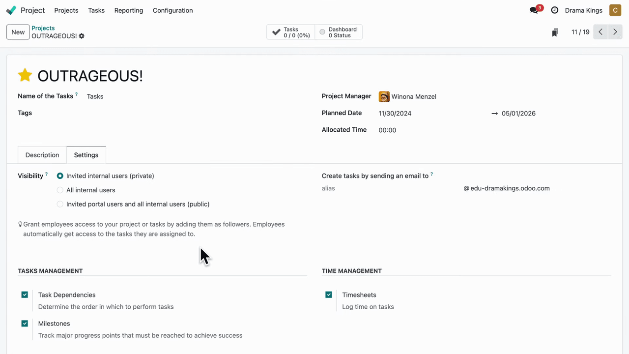 Project visibility settings and external user invitation