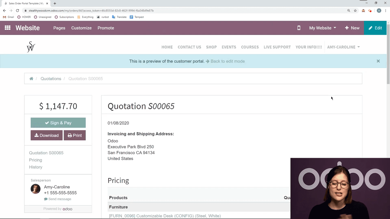 Customer portal view showing sign and pay options