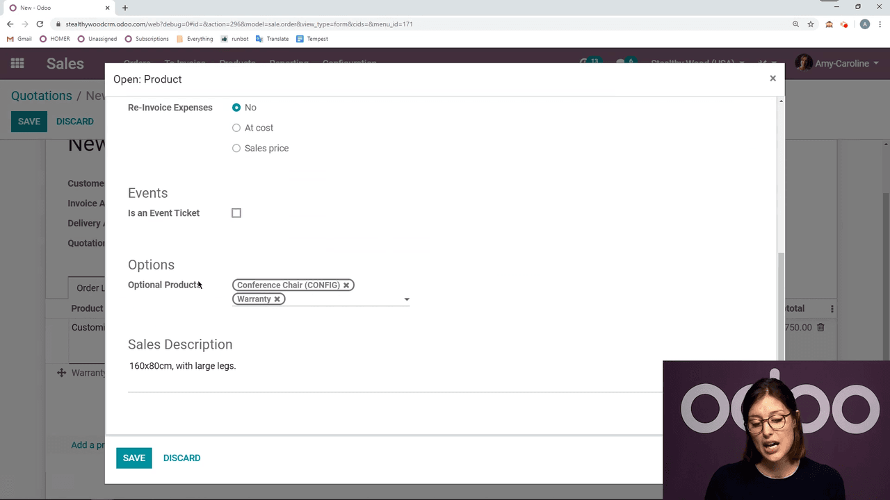 Optional products section in product template settings