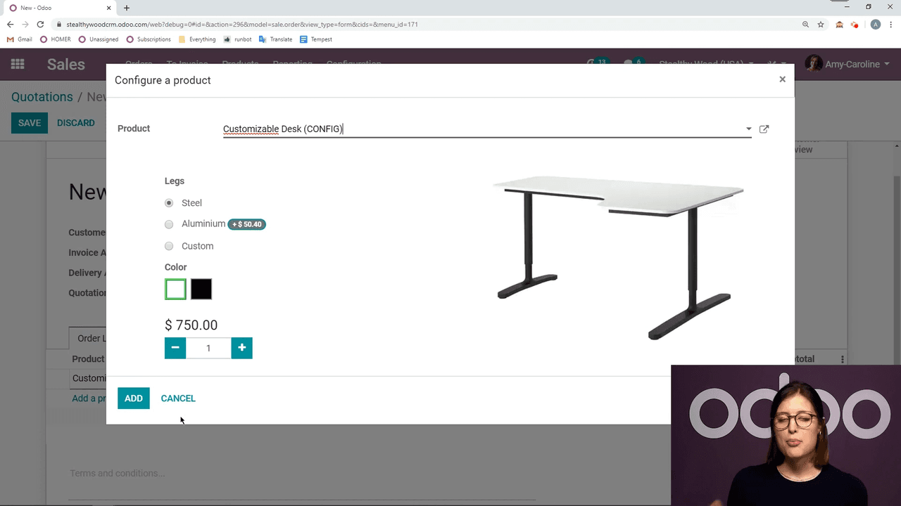 Product Configurator dialog showing variant options
