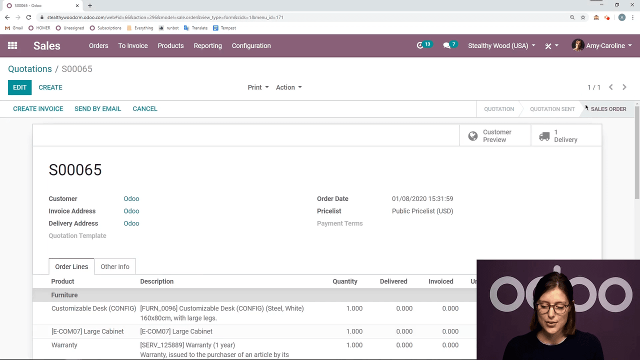 Sales order confirmed with delivery and invoice options visible
