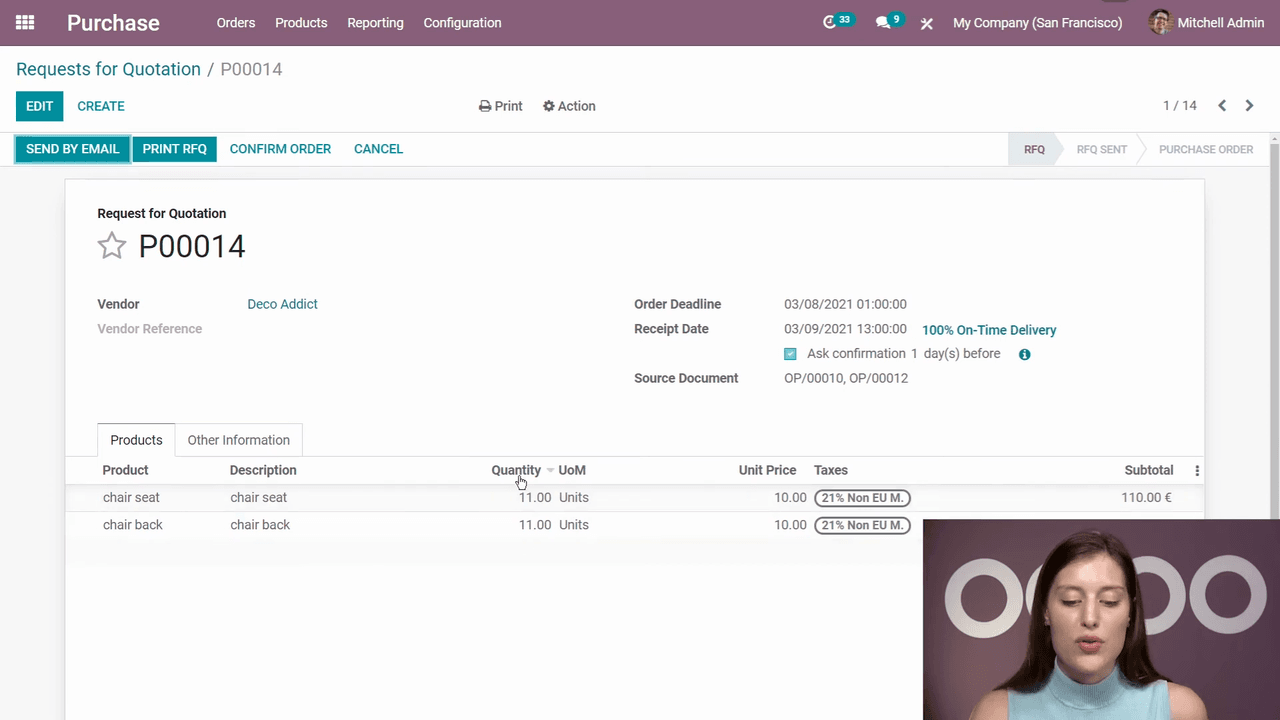 Purchase order with 11 units calculated from reordering rules