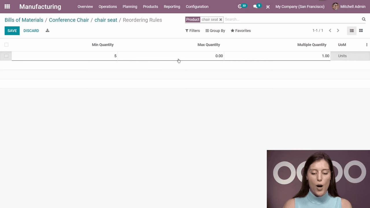 Reordering rules configuration with minimum and maximum quantities
