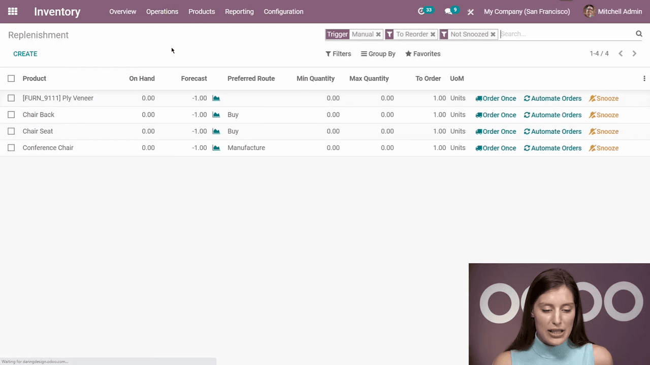 Replenishment screen with Conference Chair and Automate Orders button