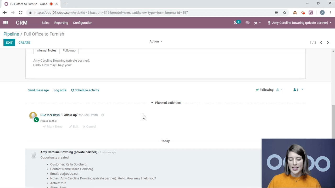 Scheduled activity in chatter showing Edit, Cancel, and Mark Done options