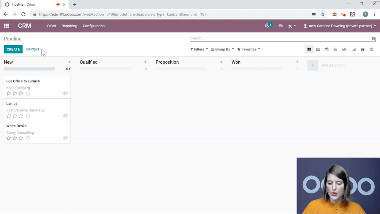 CRM pipeline view with a lead selected