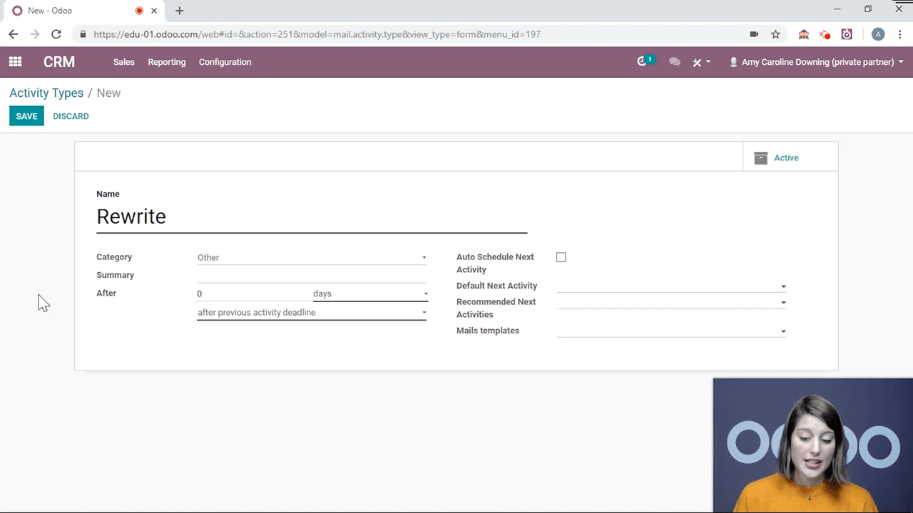 Custom activity type creation form with configuration fields