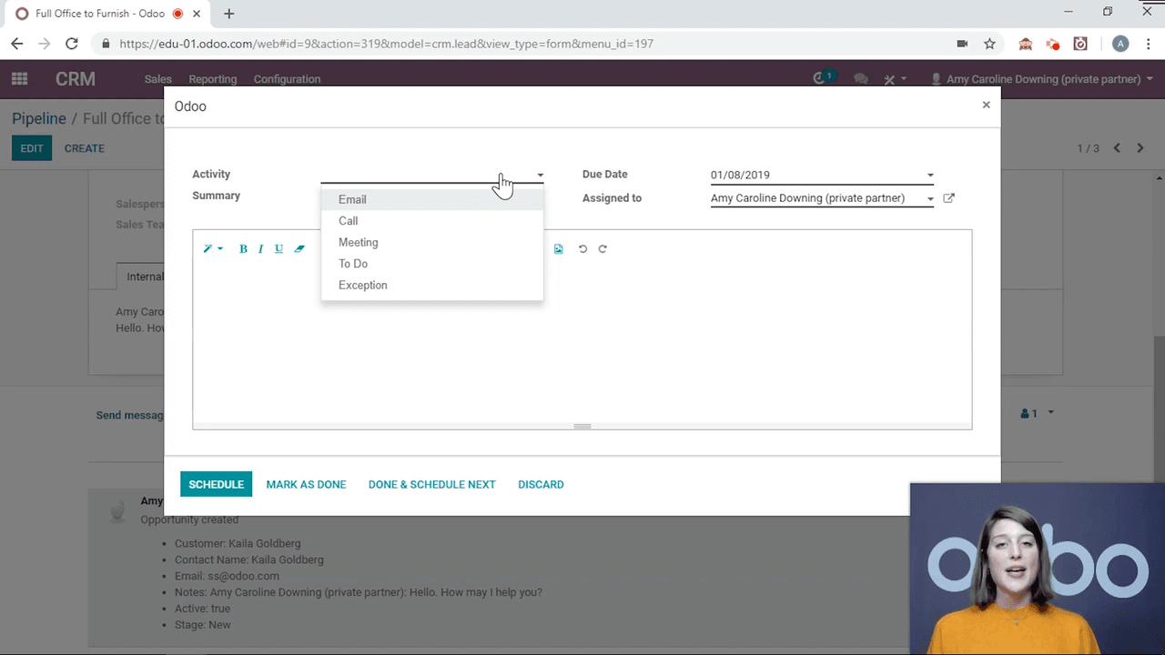 Schedule Activity dialog with activity type options