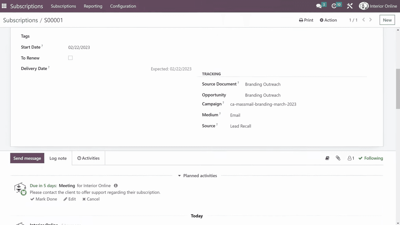 Subscription order showing campaign source attribution