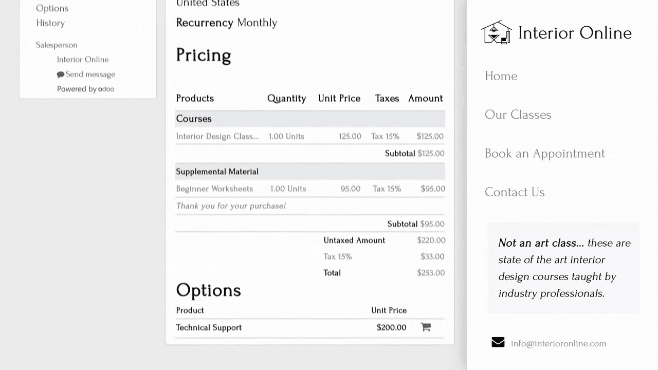 Customer portal showing quotation with optional products and payment options