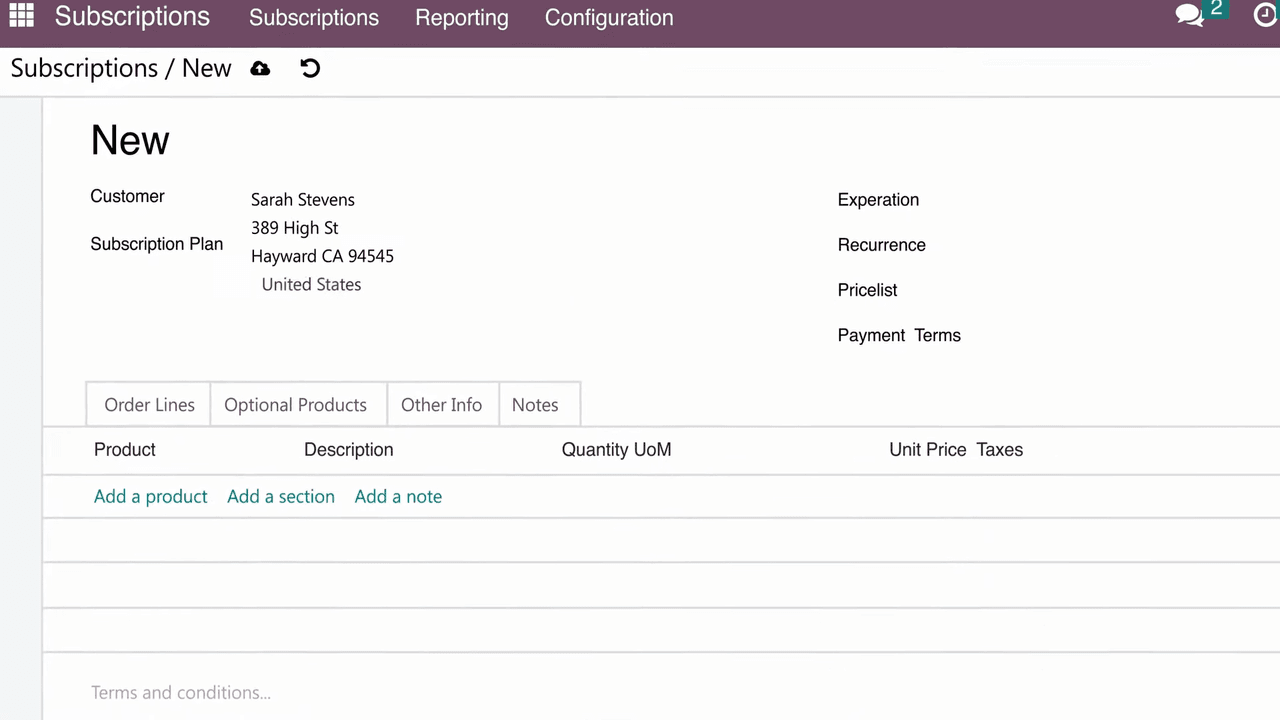 New subscription quotation form with customer and order lines