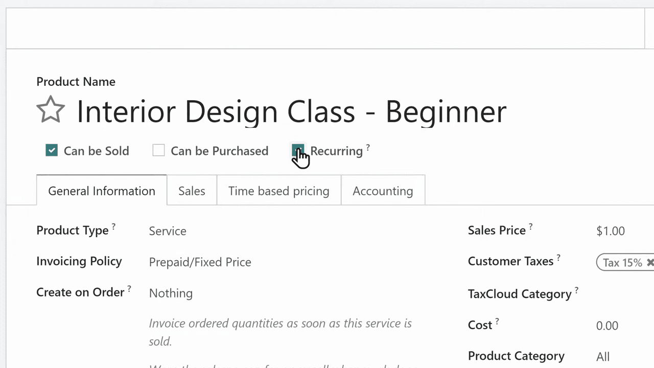 Product form with recurring checkbox enabled