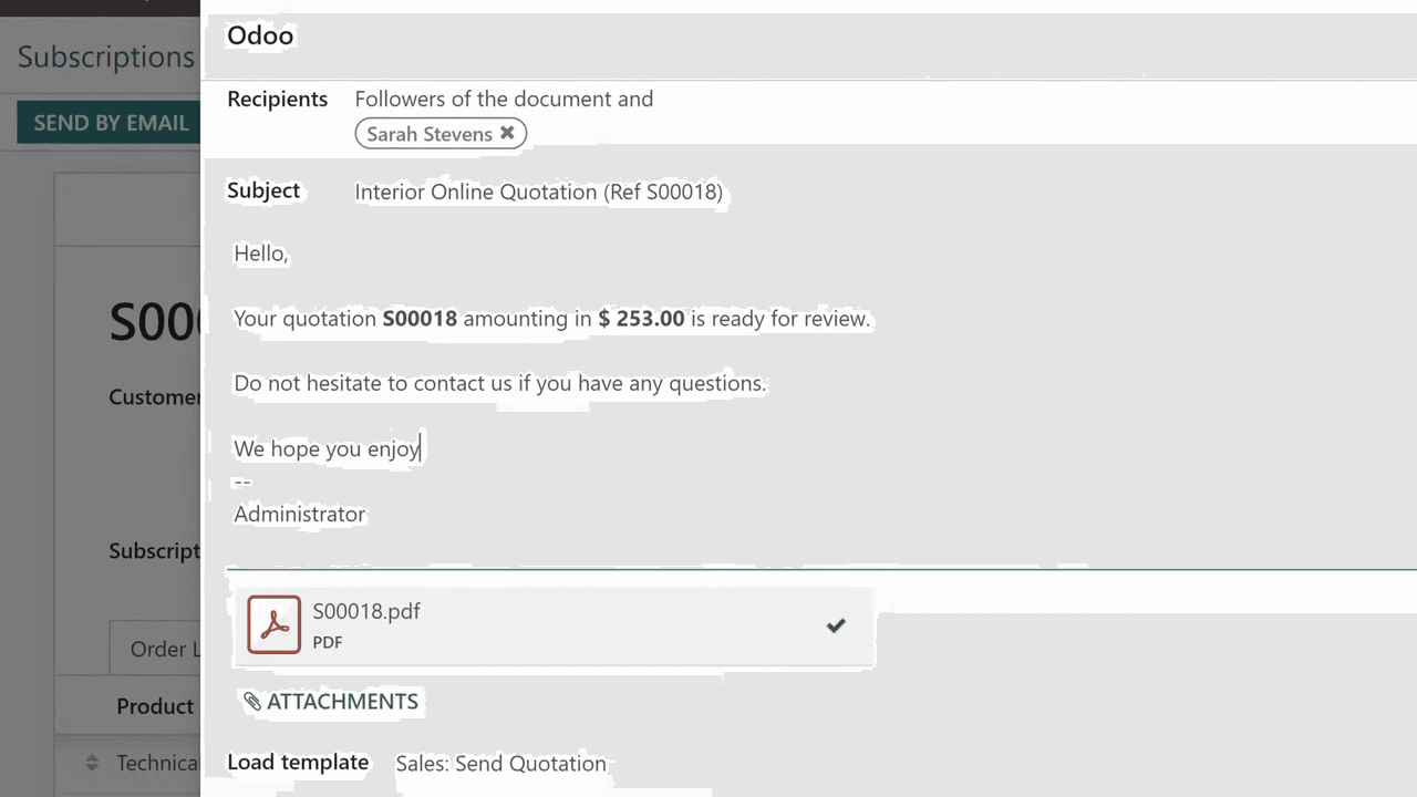 Send by email dialog with customized message