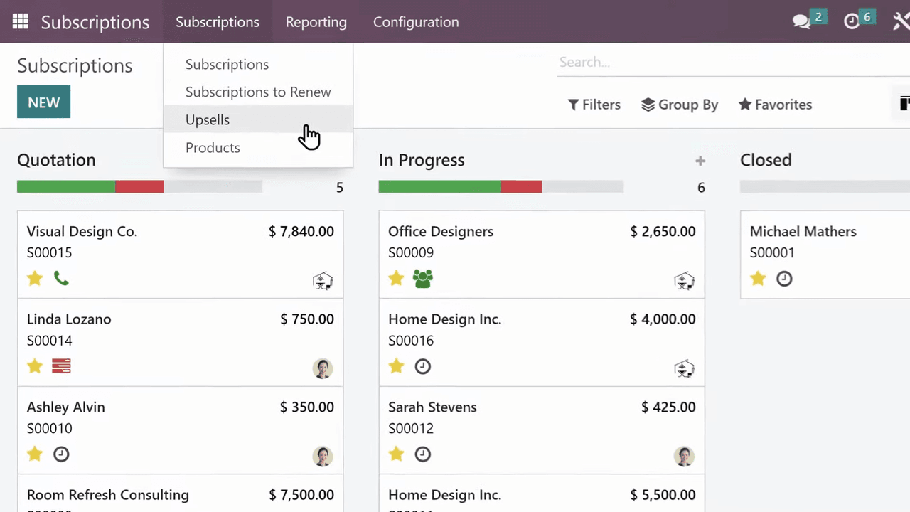 Odoo Subscriptions app dashboard overview