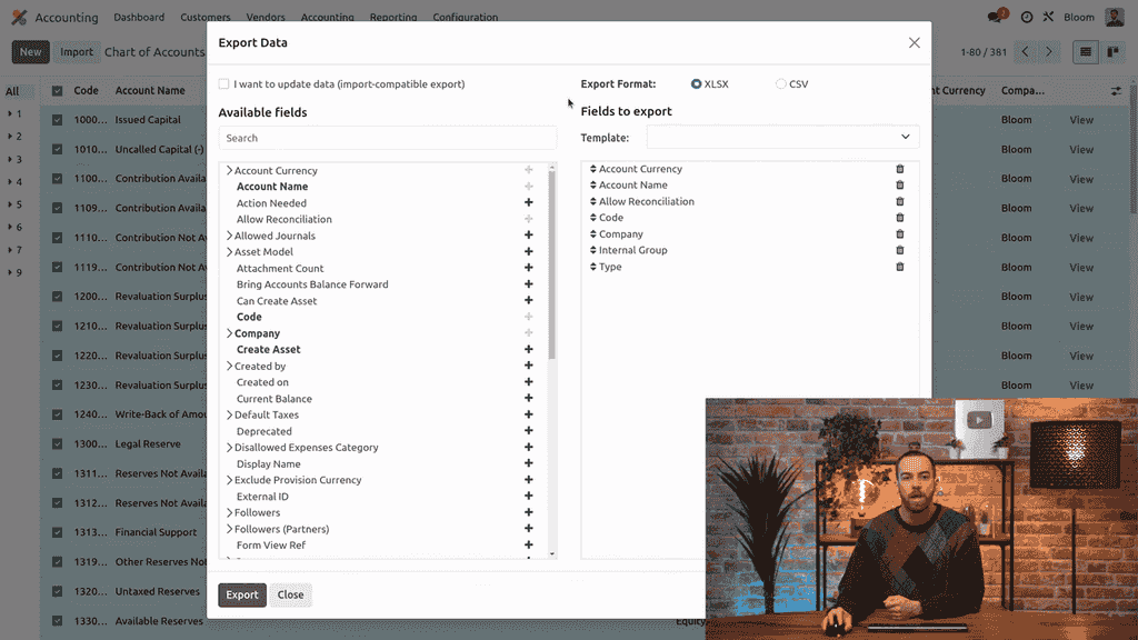 Actions dropdown menu with Export option highlighted