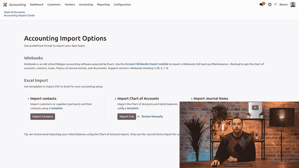Import options showing Import Chart of Accounts selection