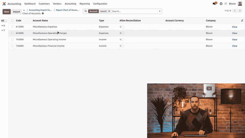 Chart of accounts showing the newly imported miscellaneous expenses account