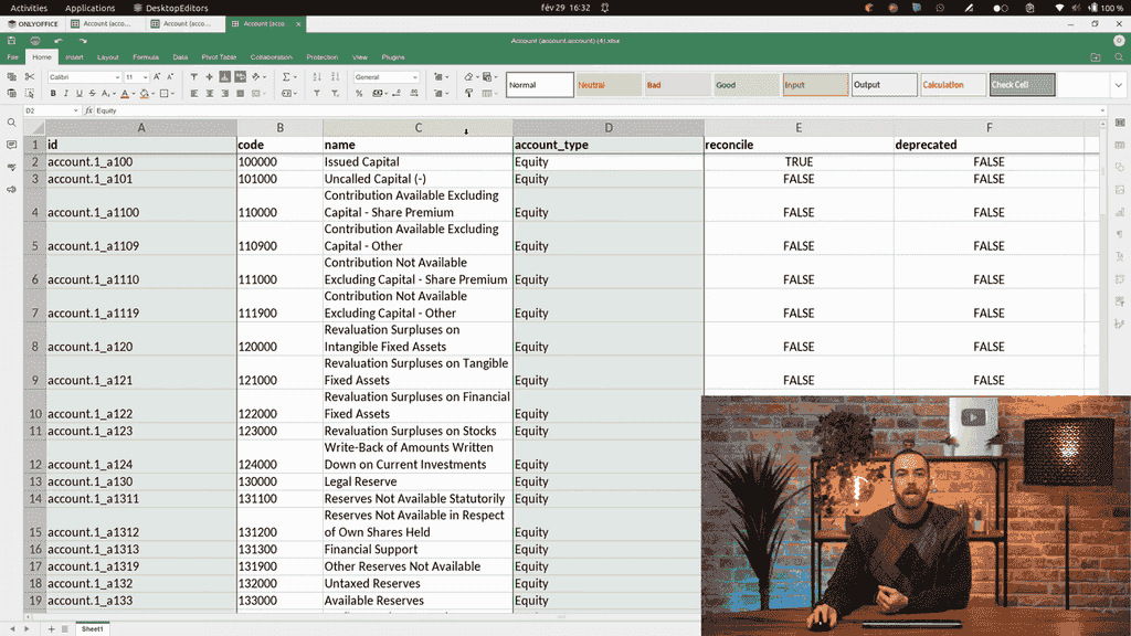 Spreadsheet with ID and Account Type columns highlighted as read-only
