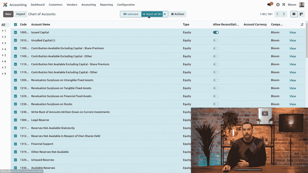 Selecting all accounts in the Chart of Accounts list view