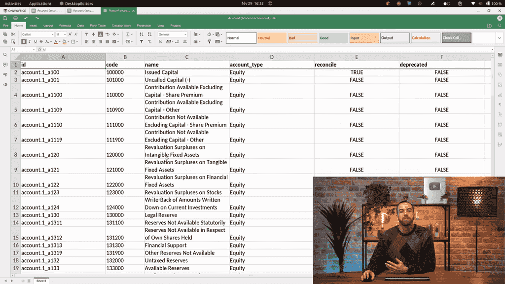 Exported chart of accounts opened in a spreadsheet application